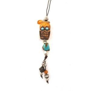 Tibetan Yak Bone Carved Skull Turquoise Carnelian Jasper Sterling Silver Bead